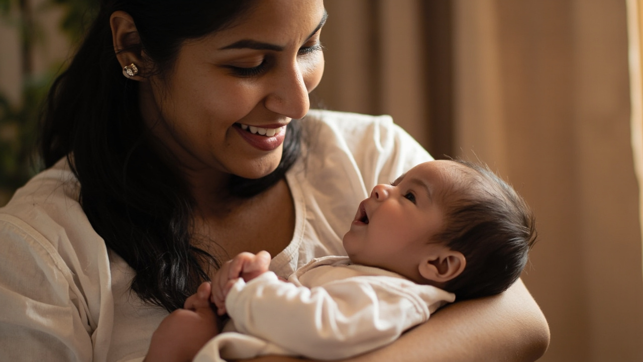 Happy Indian mother with newborn baby