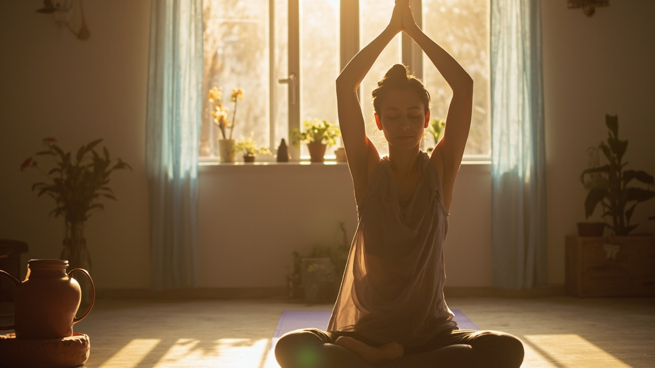 Indian woman doing yoga asana at home
