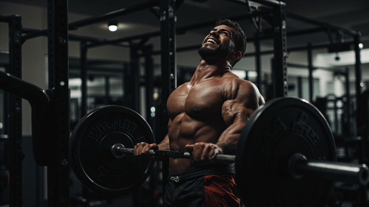 Indian man doing barbell deadlift at gym