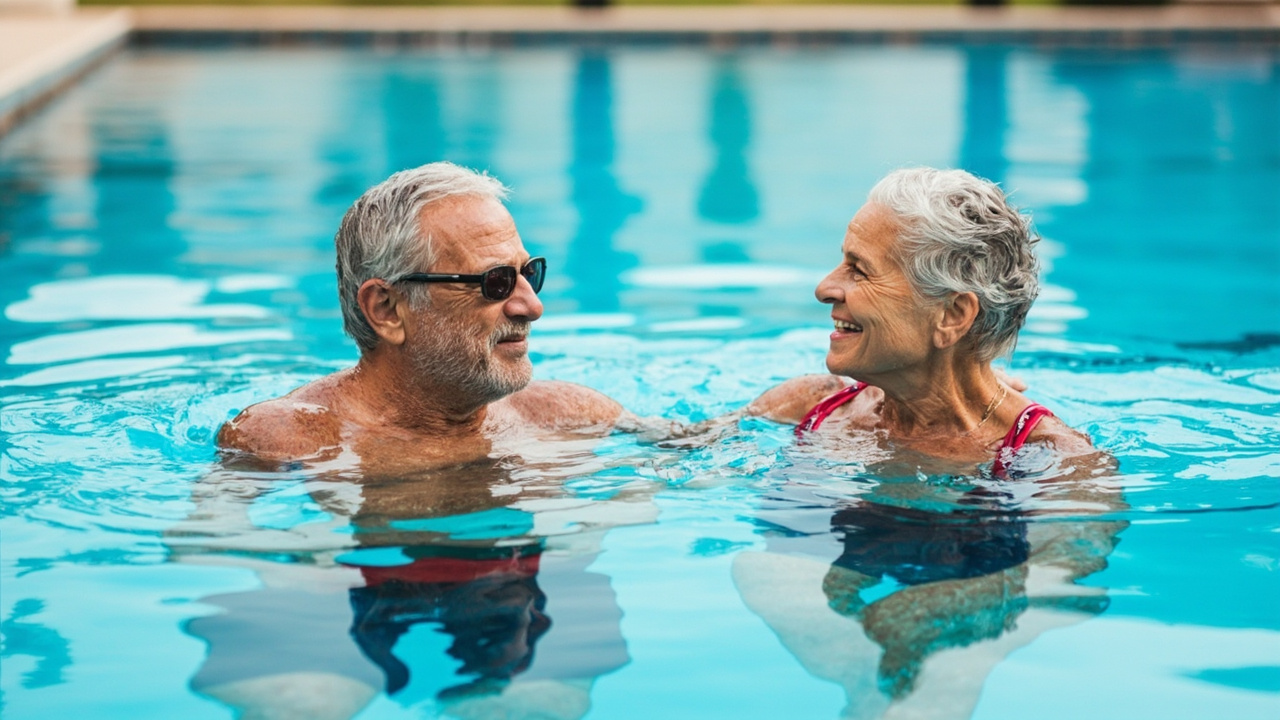 Senior Indian couple doing water aerobics