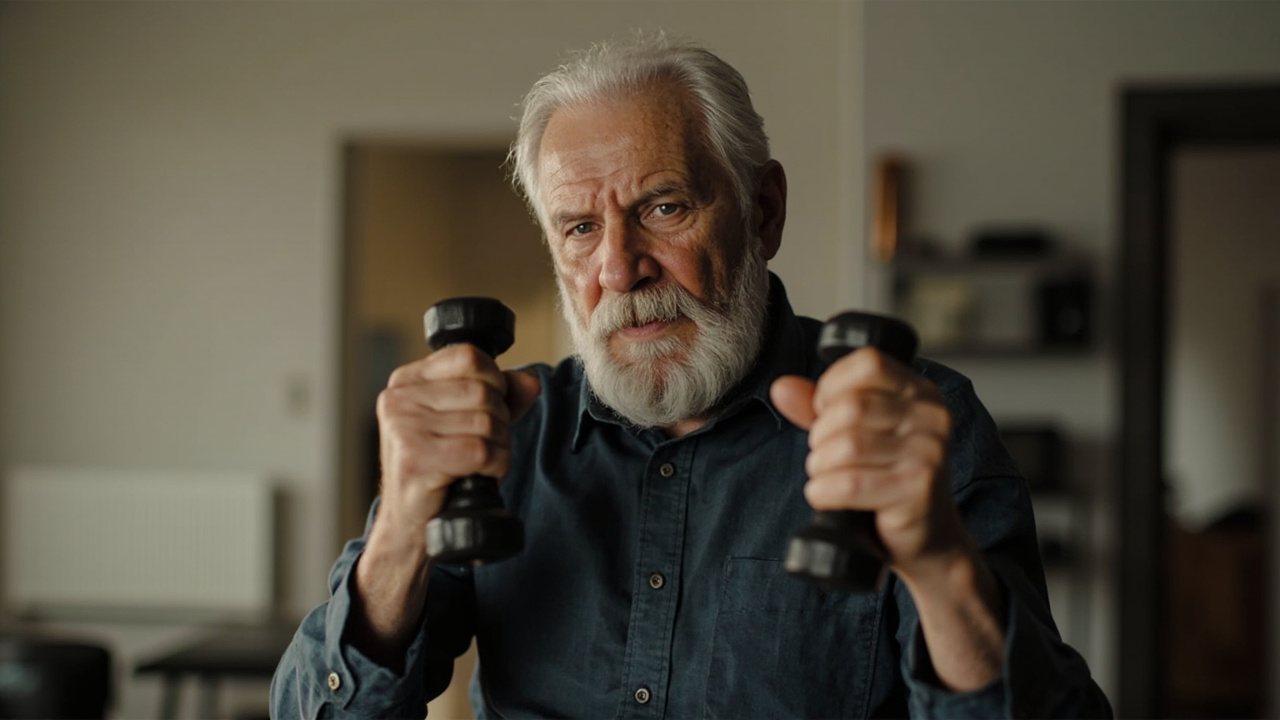 Indian senior man doing light dumbbell exercises
