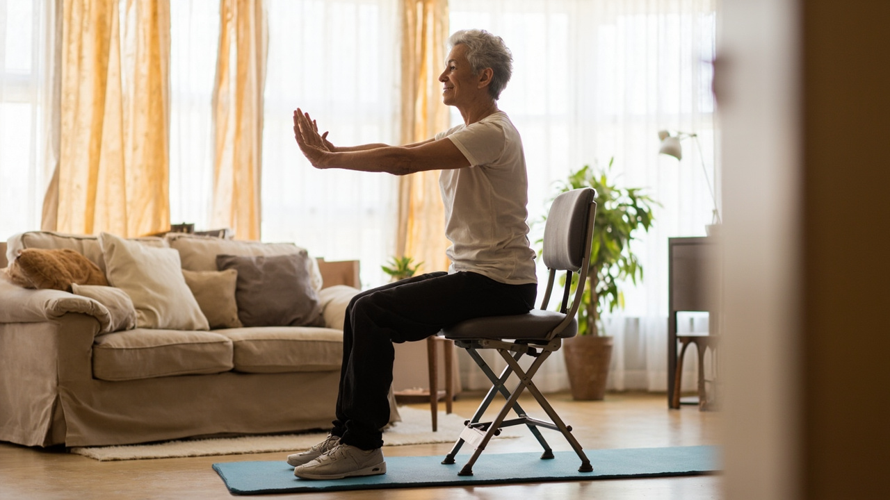 Indian senior woman doing chair exercises at home