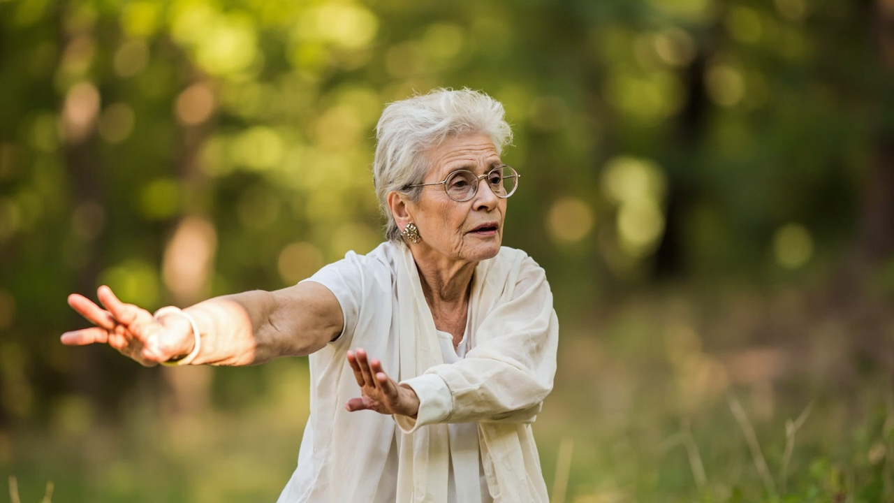 Indian senior woman doing tai chi balance exercises